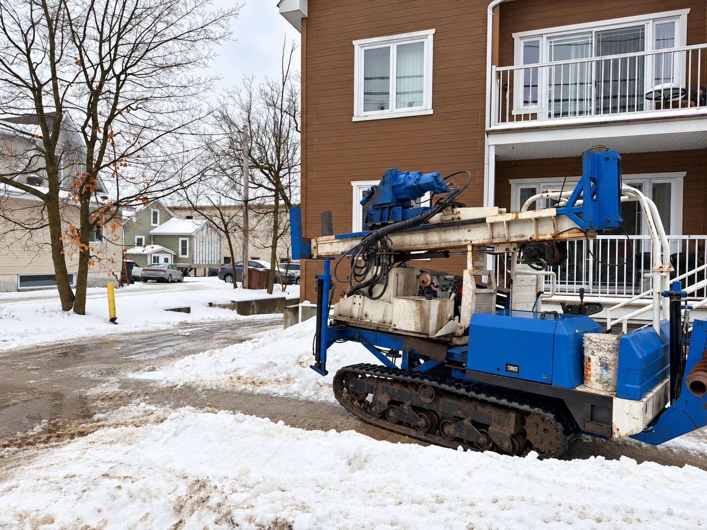 Foreuse sur chenilles dans une ruelle enneigée, devant un immeuble résidentiel
